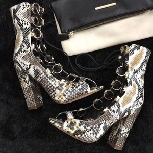 LILIANA Snakeskin Gold Hoop Lace Up Chunky Heels